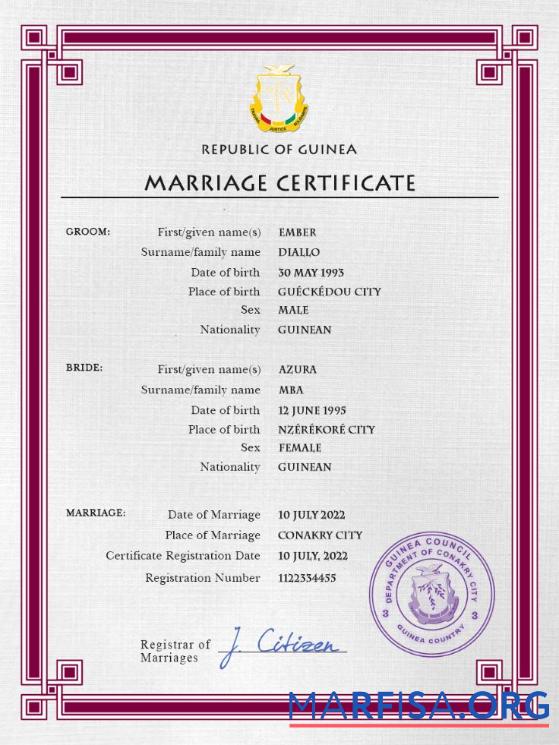 Downloadable Guniea marriage certificate sample